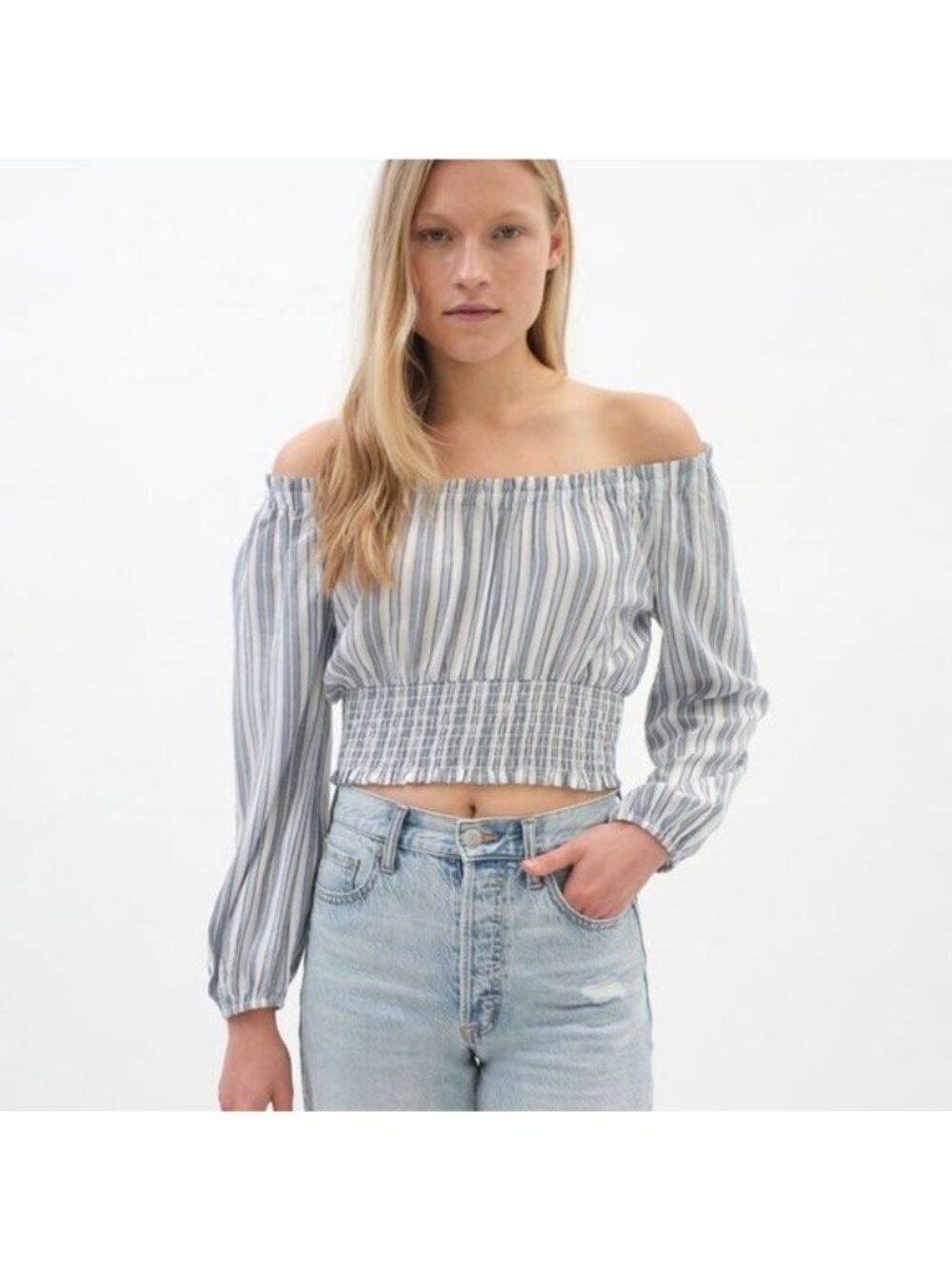Aeropostale Womens XS Off-Shoulder Stripe Long Sleeve Cropped Blouse Blue White